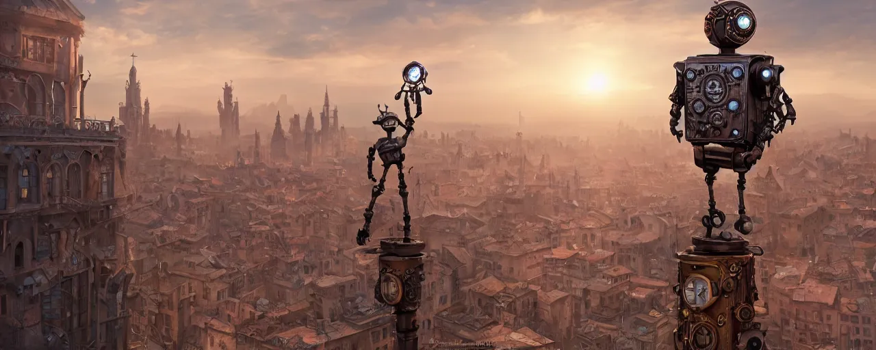 Image similar to a small cute steampunk robot standing on top of a building ledge overlooking a large renaissance steampunk city at sunset, backlit, by Eddie Mendoza , raphael lacoste, Andree Wallin, cinematic lighting, 8k, very detailed, ornate, beautiful composition,