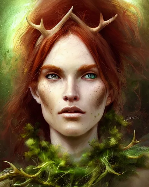 Prompt: female druid, perfect face, thin antlers, green tunic, ginger hair, cinematic, freckles, stunning, highly detailed, digital painting, artstation, smooth, hard focus, illustration, art by jessica rossier and and brian froud