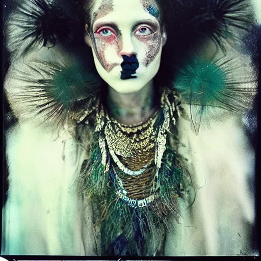 Prompt: kodak portra 4 0 0, wetplate, photo of a surreal artsy dream scene,, weird fashion, in the nature, highly detailed face, expressive eyes, very beautiful model, portrait, extravagant dress, carneval, animal, wtf, photographed by paolo roversi style and julia hetta