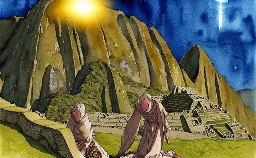 Image similar to a realistic and atmospheric watercolor fantasy concept art of a golden ufo hovering above machu pichu. in the foreground a female medieval monk in grey robes is kneeling with her hands by her sides. by rebecca guay, michael kaluta, charles vess