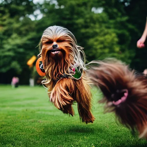 Image similar to chewbacca as a dog chasing a frisbee in the park, action photography, depth of field