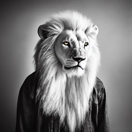 Image similar to an award winning National Geographic picture of a white lion wearing a denim Jacket in the snow by Lee Jeffries, 85mm ND 5, perfect lighting in a snow storm