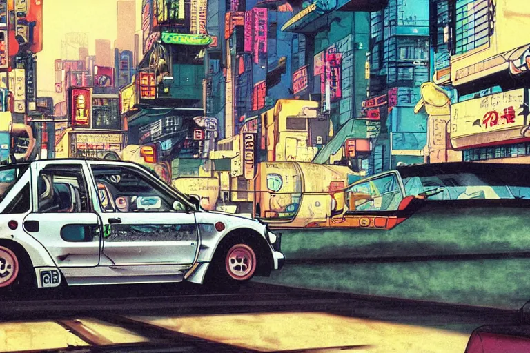 Image similar to 1990 Geo Metro, city in anime cyberpunk style by Hayao Miyazaki