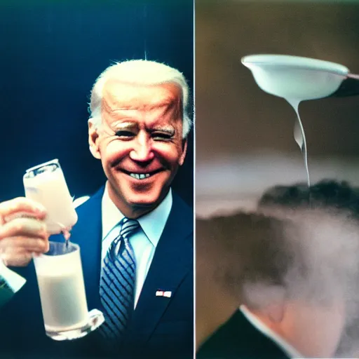 Prompt: photo of joe biden with milk poured on his face, cinestill, 800t, 35mm, full-HD