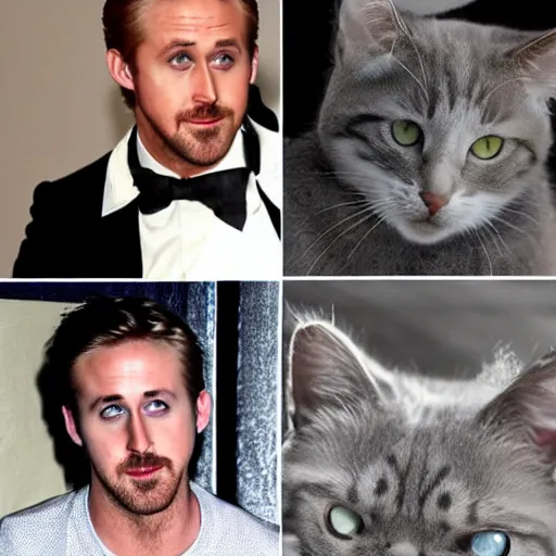 Image similar to ryan gosling turning into a cat