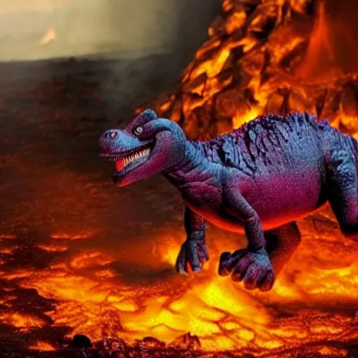 Prompt: Barney the dinosaur gets burned alive from lava coming down a volcano. pain is in his eyes