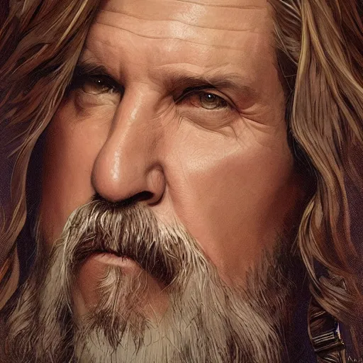 Image similar to portrait of the dude big lebowski, deep focus, rug, d & d, fantasy, intricate, elegant, highly detailed, digital painting, artstation, concept art, matte, sharp focus, illustration, art by artgerm and greg rutkowski and alphonse mucha