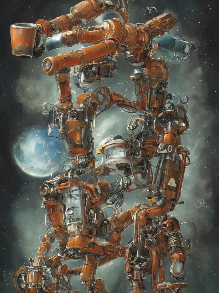 Prompt: half-length portrait of my friendly empatic robot greets my twitter friends with a fresh cup of hot coffee, by Simon Stalenhaag, by Yoshitaka Amano, by Esao Andrews, sharp focus, fresh colors, deviantart,