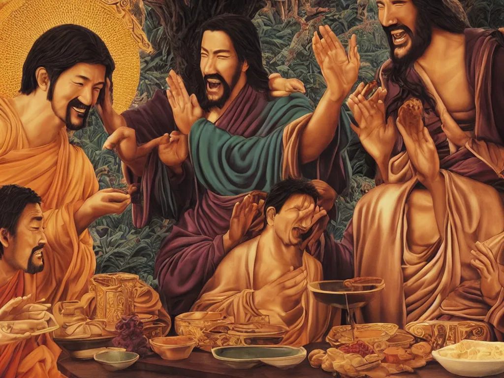 Image similar to jesus and buddha sit drink and laugh together in dessert, hyperrealistic picture,with keanu reves as jesus and jackie chan as buddha,winning of of religion tolerance award 2055,4k,details