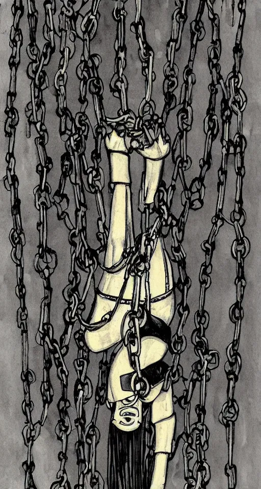 Image similar to a robot hanging by chains upside down peacefully, beautiful ink painting inspired by the hanged man tarot card, sharp lines