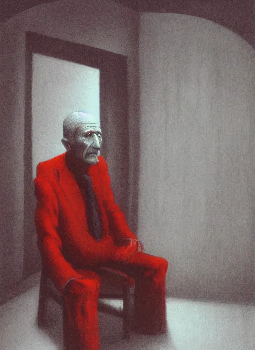 Image similar to beksinski style older man sitting on a chair in dark basement with red walls and one window