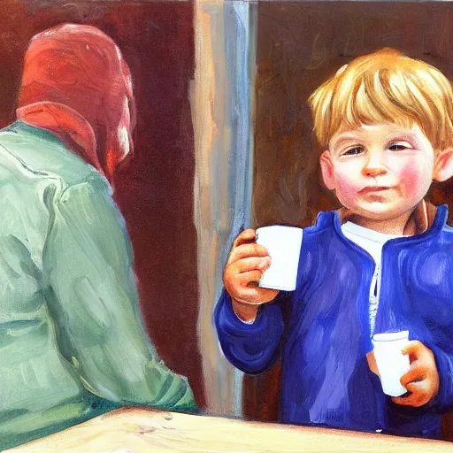 Prompt: little boy drinking hot chocolate and looking at his father wallet he hold in hand. in the background the father looking for his wallet. painting.