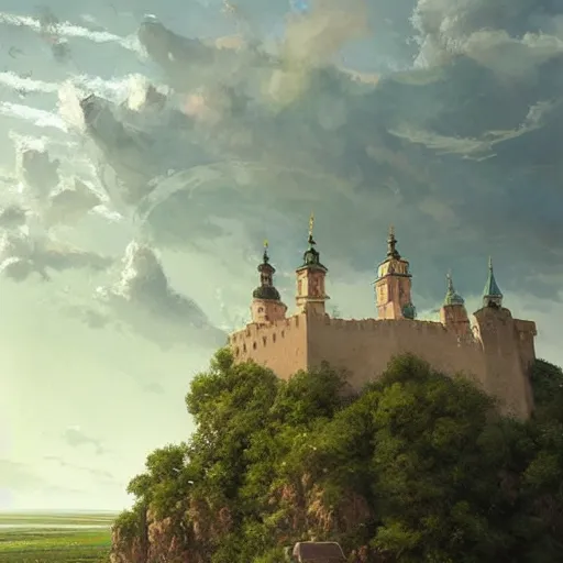 Image similar to greg rutkowski painting of an island flying in the air above a barren wasteland, on the island there is a cracow wawel castle and a lot of green vegetation, beautiful, detailed