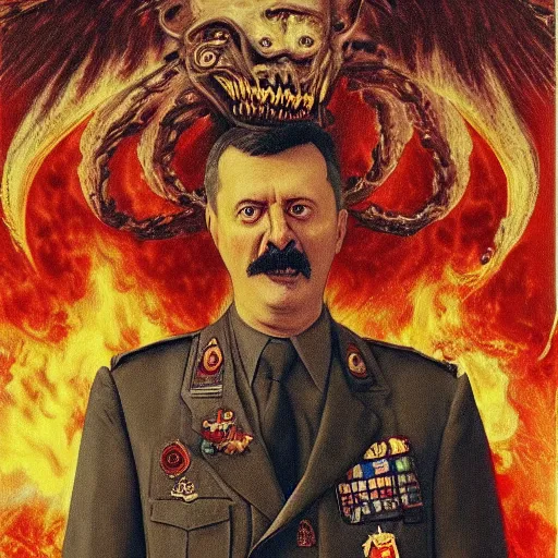 Image similar to igor ivanovich strelkov became an bloody aggressive degenerate hellfire demon calling for total mobilization, photo - realistic, color image, 2 k, highly detailed, bodyhorror, occult art