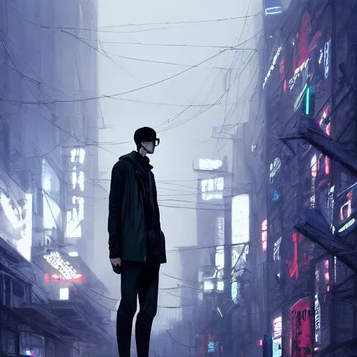 Prompt: A tall slender man in a techwear outfit, high quality, digital art, dire cyberpunk city, gray sky, neon signs in background, greg rutkowski