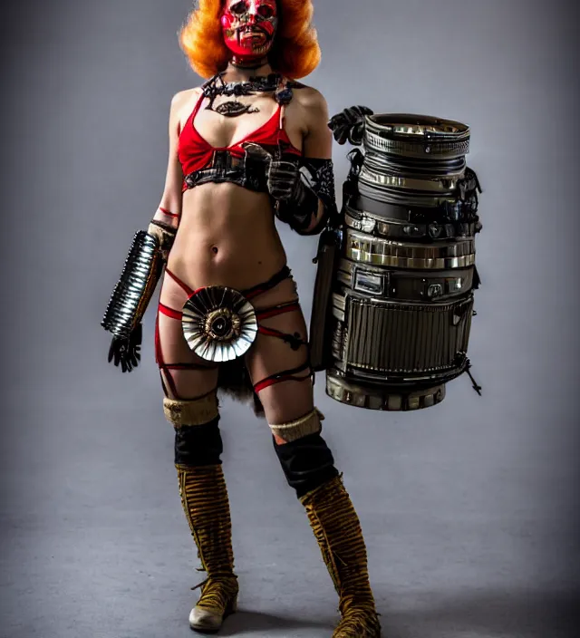 Image similar to full length photograph of a real - life very beautiful atompunk warrior. extremely detailed. dslr. 8 5 mm.