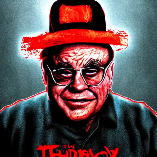 Image similar to danny devito is freddy kruger nightmare on elm street always sunny in philledelphia silloute night dark synth fog spooky red neon slasher movie poster high detail