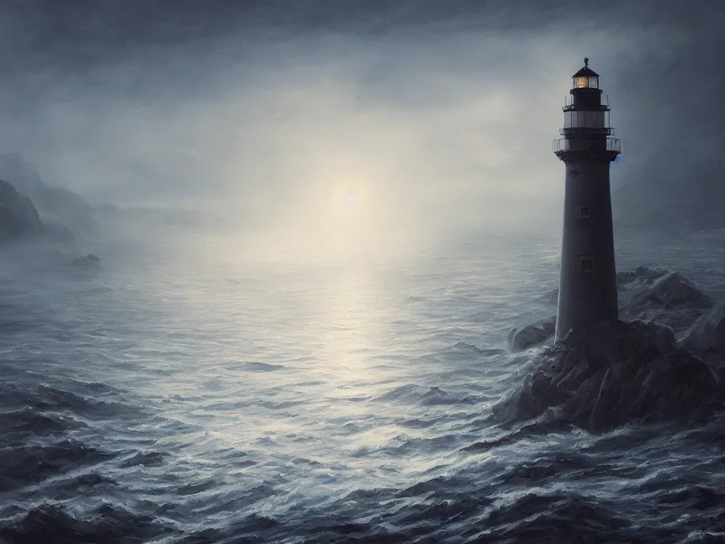 Image similar to a beautifuly ultradetailed painting of a lighthouse in a sea of black water with eldritch terrors crawling up from the water, icy mist, morning shot, raphael lacoste, makoto shinkai, 4 k, trending on artstation, aerial photography, ultrawide lens : 2, dof : - 1, blur : - 1