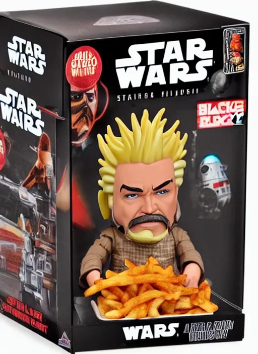 Image similar to star wars black series action figure of guy fieri with barfing chili cheese fries action, pristine box, toy still in package, ebay, extremely detailed