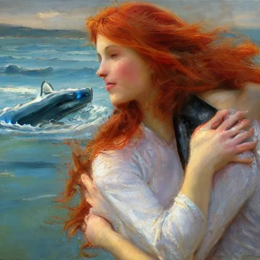 Prompt: a portrait of a red headed young woman hugging a whale in a scenic environment by Gerhartz, Daniel F.