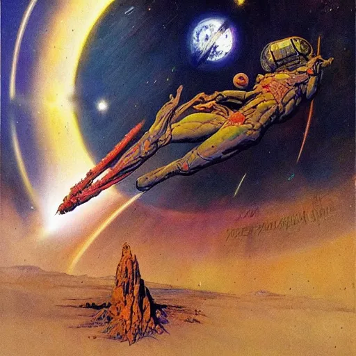 Prompt: Liminal space in outer space by Frank Frazetta and Jean Giraud
