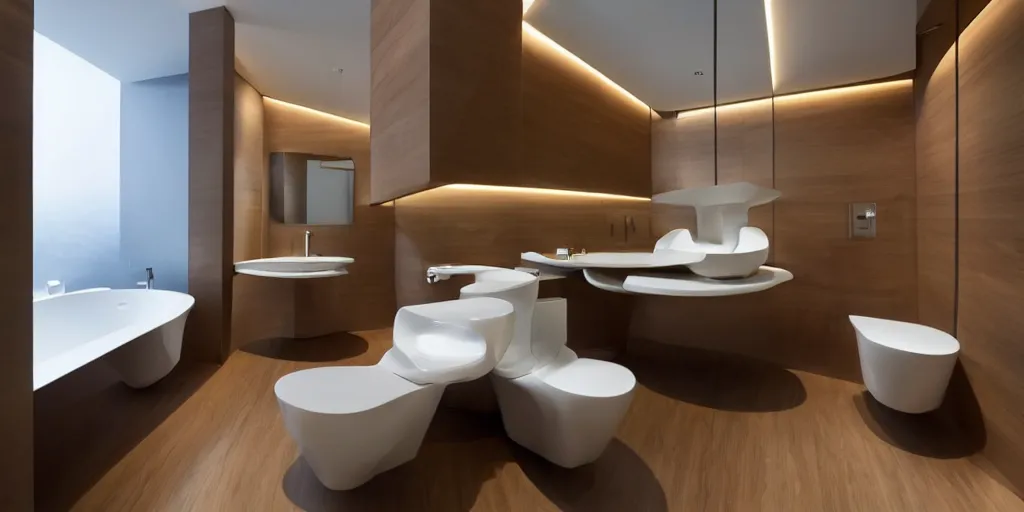 Image similar to bathroom designed by zaha hadid with wood paneling, futuristic furniture, led lighting, minimalist interior design, modern architecture, photography
