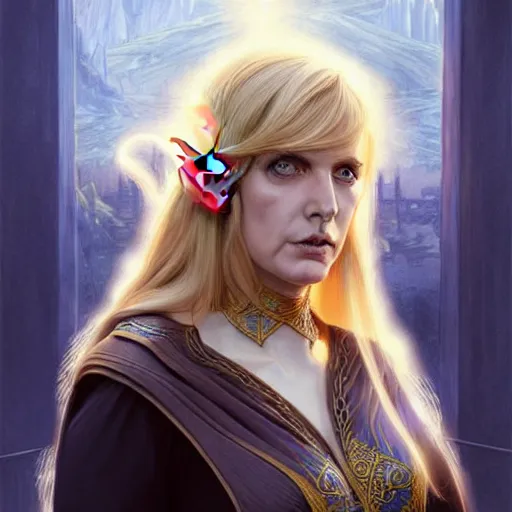 Prompt: half elf sorceress looking like angela merkel, D&D, blue eyes, blonde hair, fantasy, intricate, elegant, highly detailed, digital painting, artstation, concept art, smooth, sharp focus, illustration, art by artgerm and greg rutkowski and alphonse mucha