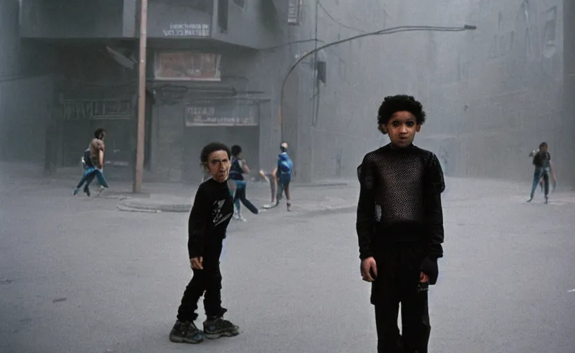 Prompt: cinestill 5 0 d candid photographic portrait by helen levitt of a mixed teen wearing rugged black mesh techwear, modern cyberpunk moody emotional cinematic, white pale concrete city, dust storm, 8 k, hd, high resolution, 3 5 mm, f / 3 2, ultra realistic faces, ex machina