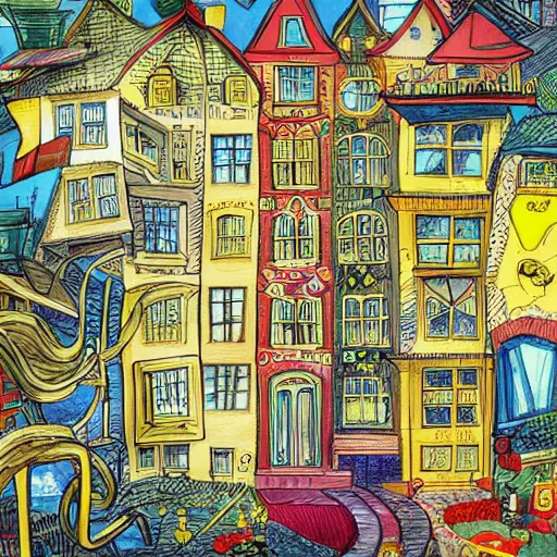 Prompt: a drawing of a house with a lot of windows, concept art by dr seuss, pixiv, maximalism, concept art, official art, maximalist