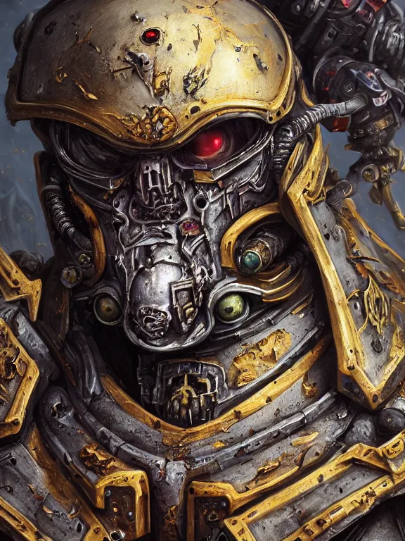 Image similar to portrait art of 8k ultra realistic undead corrupted space marine, head on fire , detailed intricate ornate armour,decaying, cybernetic, full of colour, cinematic lighting, battered, trending on artstation, 4k, hyperrealistic, focused, extreme details,unreal engine 5, cinematic, masterpiece, art by ayami kojima, giger