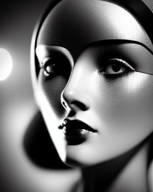 Image similar to black and white dreamy young beautiful female artificial intelligence, metropolis, cinematic, rim light, bokeh, photo - realistic, elegant, high detail, 8 k, masterpiece, photo taken in 1 9 3 0