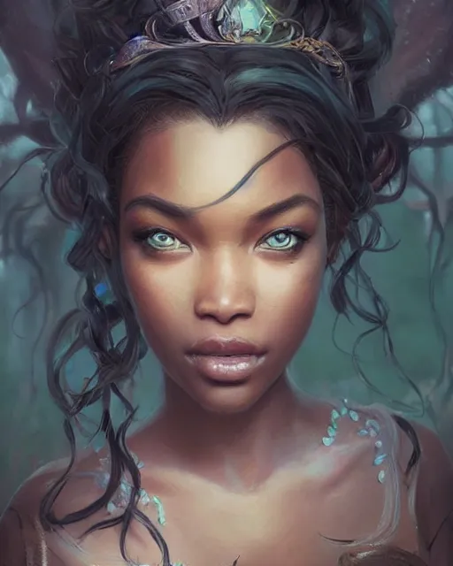 Image similar to princess tiana, hyper realistic face, beautiful eyes, fantasy art, in the style of greg rutkowski, intricate, hyper detailed, smooth