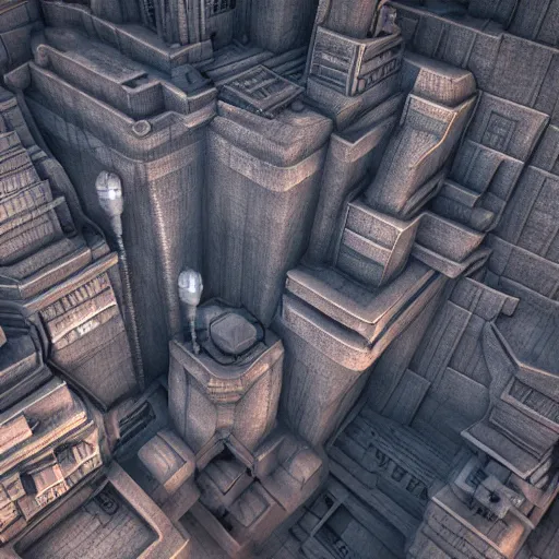 Image similar to inception lovecraft city carved from rock underground another inverted upside down above, voxel unreal engine render 8 k, cinematic warm volumetric lighting