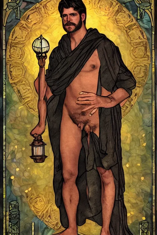 Prompt: tarot card of a shirtless handsome! cowboy | he is holding a lantern | dark tela robe, dad bod, homoerotic, art deco, art nouveau | by louis comfort tiffany | trending on artstation