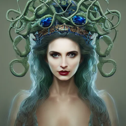 Image similar to detailed portrait of the queen of snakes, realism, pale blue, emerald, sapphire, wearing a crown of vines, nest of vipers, dark fantasy, dim moonlight, dramatic lighting, cgsociety, artstation