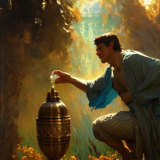 Prompt: stunning male wizard casting his water spell, highly detailed painting by gaston bussiere, craig mullins, j. c. leyendecker, 8 k