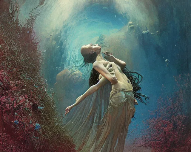 Image similar to falling in to eternity, underwater scene, painted by zdzislaw beksinski and artgerm and greg rutkowski and alphonse mucha and rene laloux