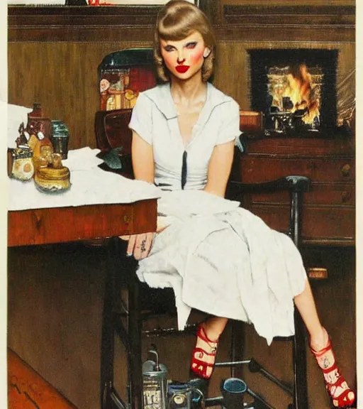 Image similar to taylor swift as a housewife hiding a dark secret, norman rockwell painting, detailed