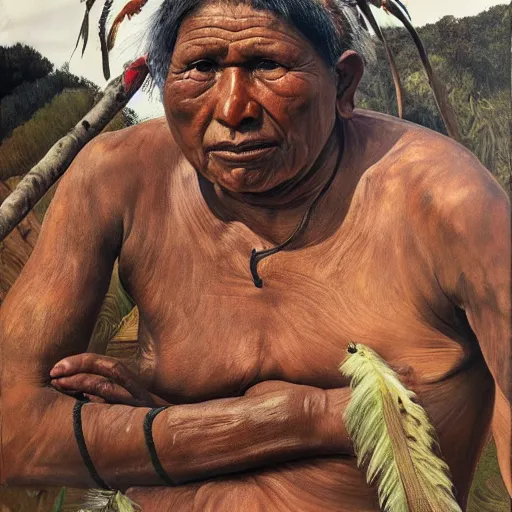 Image similar to high quality high detail painting by lucian freud, hd, full body of a indigenous tribe leader, photorealistic lighting