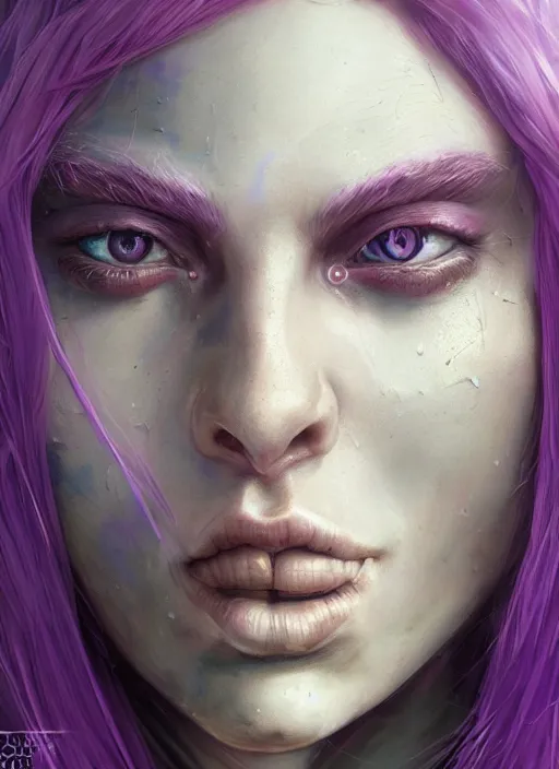 Prompt: a hyper detailed face portrait, extreme close up of a pale woman with purple hair in sci - fi cybernetic armor, sylvanas windrunner, sideshow figurines, by tom bagshaw, artgerm, dorian cleavenger, greg rutkowski, wlop, astri lohne, zdzisław beksinski trending on artstation