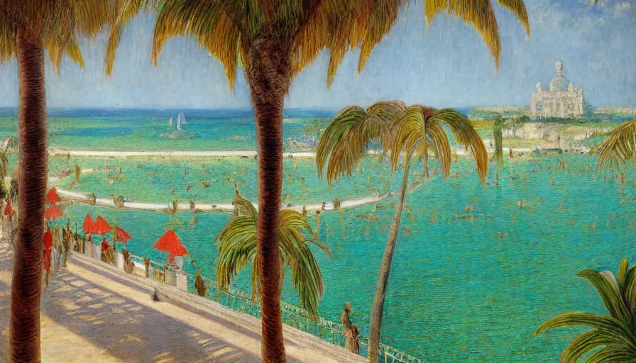 Image similar to a ultradetailed beautiful painting of the amazonas palace balustrade designed by jules bastien - lepage, tarsila do amaral, frank weston and gustave baumann, beach, trending on artstation, mediterranean, palm trees, sharp focus, colorful refracted sparkles and lines, soft light, 8 k 4 k