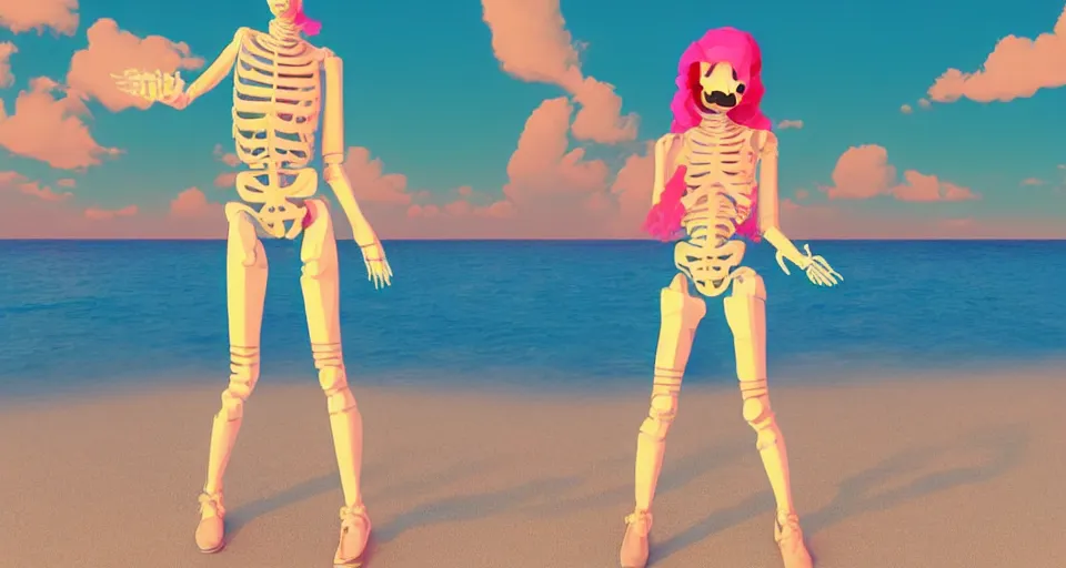 Image similar to fullbody vaporwave art of a fashionable skeleton girl at a beach, early 90s cg, 3d render, 80s outrun, low poly, from Hotline Miami