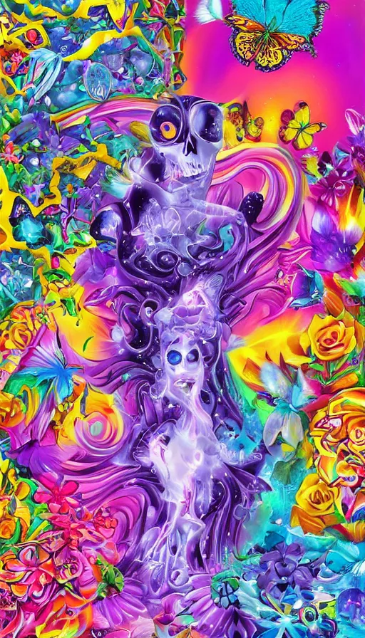 Image similar to life and death mixing together, by lisa frank,