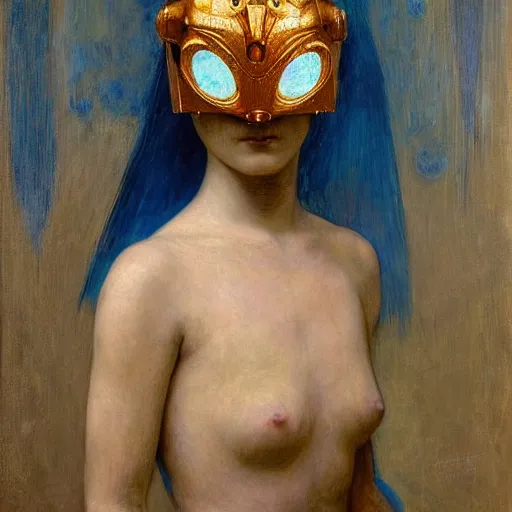 Image similar to the young robot queen with her feathered bird mask, by annie swynnerton and diego rivera and elihu vedder, symbolist, dramatic lighting, elaborate geometric ornament, head and shoulders view, art brut, soft cool colors, smooth, sharp focus, extremely detailed, adolf wolfli and donato giancola