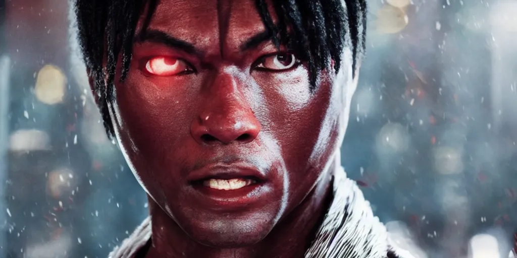 Image similar to a film still of a black man starring in a japanese blockbuster film as kazuya from tekken, shallow depth of field, cinematic, award winning cgi, vfx, film still