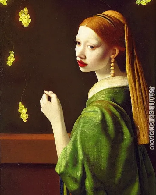 Image similar to a young woman, admiring the lights of golden fireflies, sitting in the midst of nature fully covered with a wonderful dress, long loose red hair, intricate details green eyes, small nose with freckles, oval shape face, soft happy smile, oil canvas painting art by johannes vermeer, 1 7 th century, realistic, expressive emotions