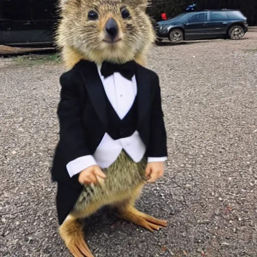 Image similar to a quokka wearing a tuxedo