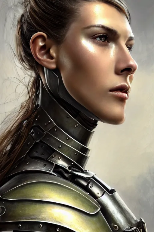 Image similar to a photorealistic painted portrait of an attractive young girl, partially clothed in metal-plated battle armor, olive skin, long dark hair, flawless skin, beautiful bone structure, symmetric facial features, perfect photorealistic eyes, natural physique, intricate, elegant, digital painting, concept art, finely detailed, beautifully illustrated, sharp focus, minimal artifacts, from Metal Gear, by Ruan Jia and Mandy Jurgens and Artgerm and William-Adolphe Bouguerea, trending on Artstation, award winning art