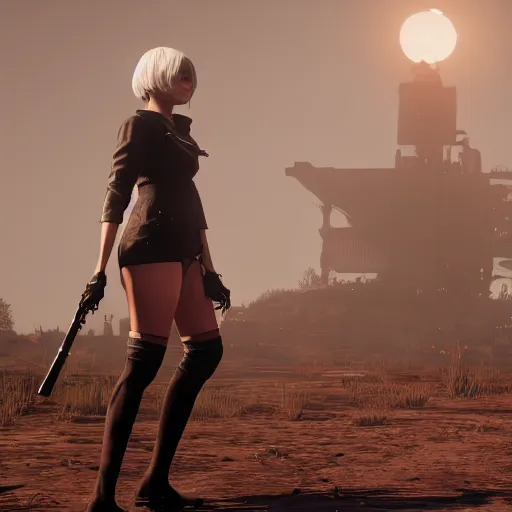 Prompt: photo of 2B nier automata in red dead redemption 2, medium full shot, detailed skin and detailed face and a thick thighs, safe for work, artstation, artstation HQ, hd, 4k resolution