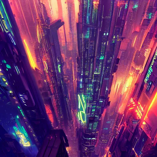 Image similar to cyberpunk city at night from above, neon glow, arstation, chill wave, detailed, maximalism, cluttered, busy, cinematic, cgsociety, smooth, beeply and greg rutkowski, dramatic lighting, god rays, clean crisp graphics, smooth sharp focus, extremely detailed